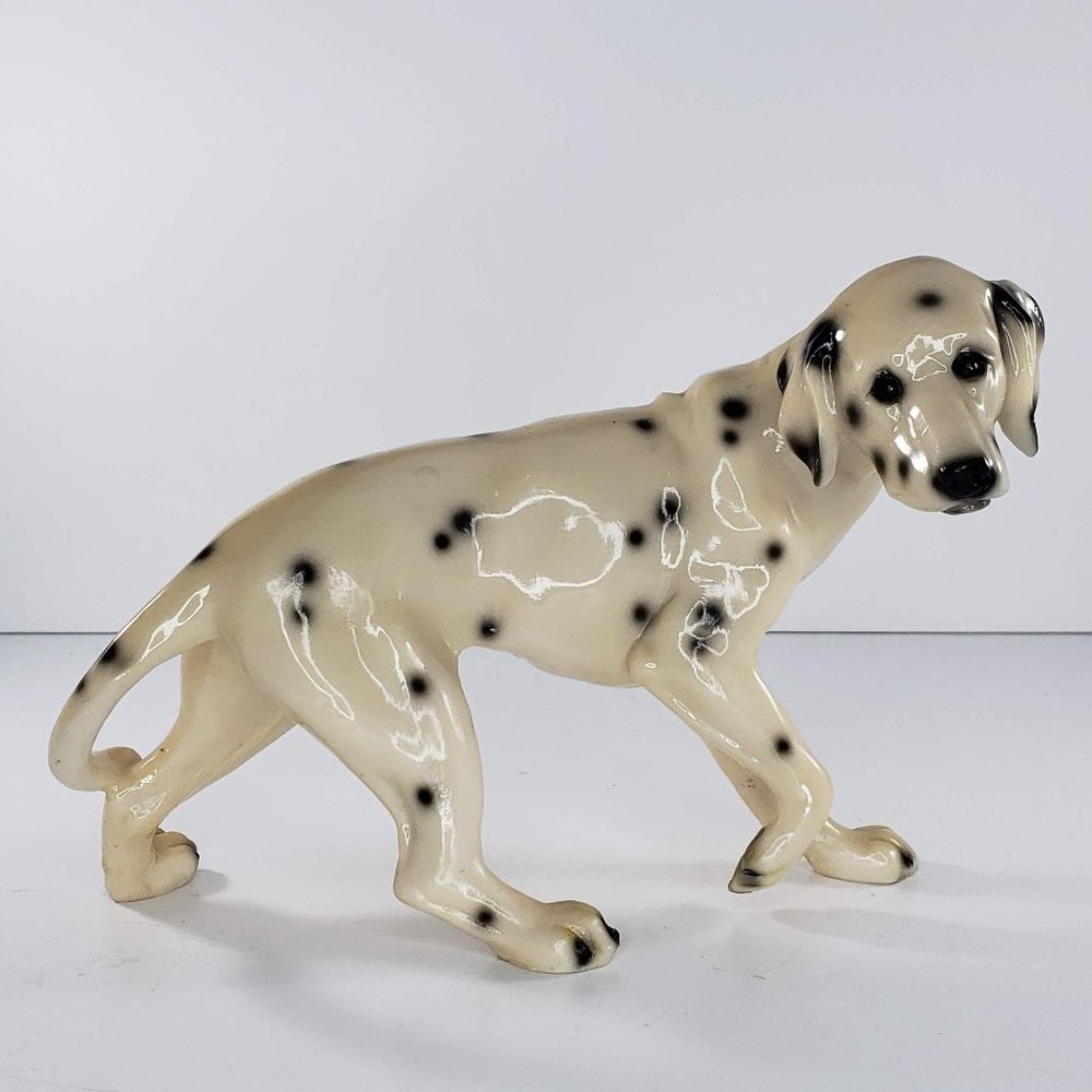 Vintage Dalmatian Spotted Dog Sad Walking Figurine Hard Plastic *Repaired*